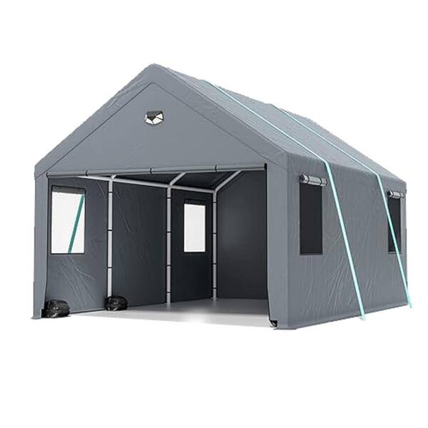 Zeus & Ruta 10 ft. x 16 ft. Gray Outdoor Extra Large Portable Car Carport Garage with Roll-up Windows and All-Season Tarp Cover