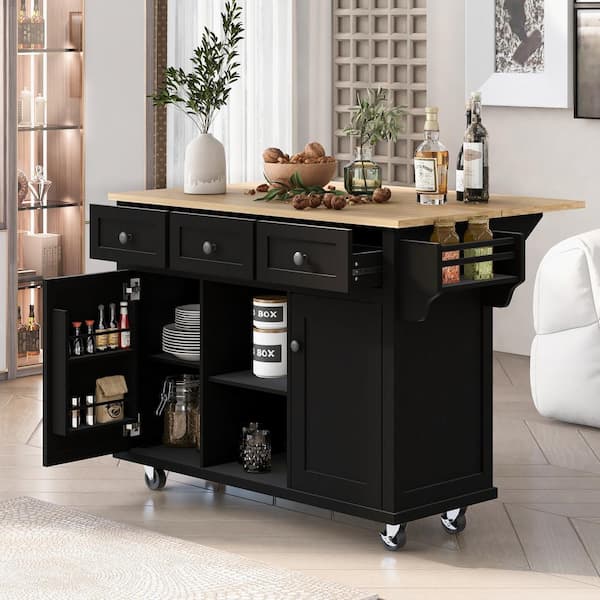 Black Solid Wood Desktop 53 in. W Kitchen Island on 5 Wheels with