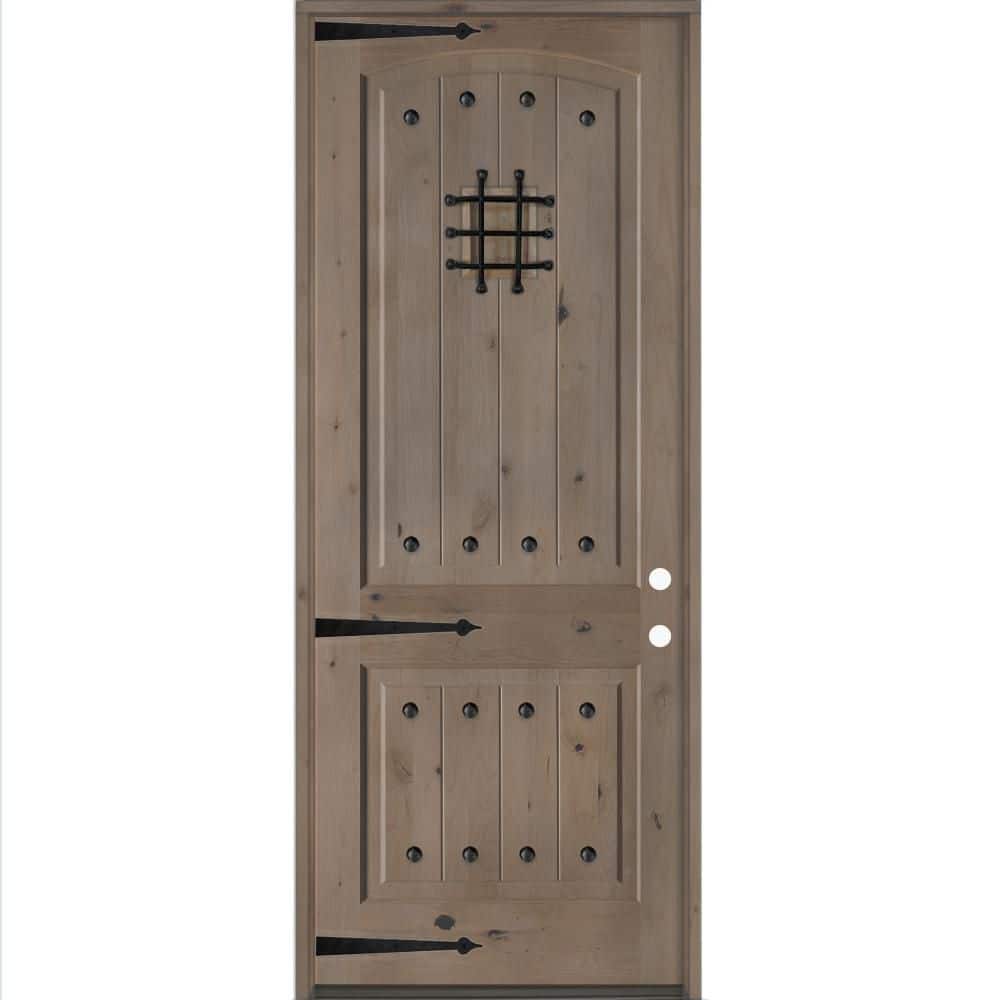 Mediterranean 30 in. x 96 in. Knotty Alder Left-Hand/Inswing Arch Top BEHR Weathered Gray Stain Wood Prehung Front Door price history on PriceWatchPro