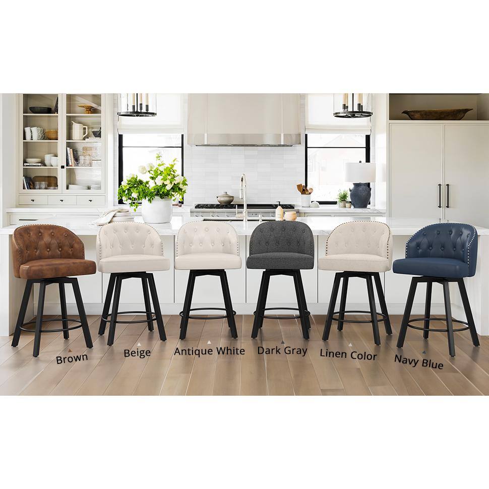 Linen Upholstered Swivel Counter Stools with Metal Legs, Set of 2