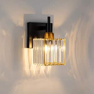 Orillia 4.72 in. 1-Light Modern Black Gold Bathroom Vanity Light with Crystal Shades