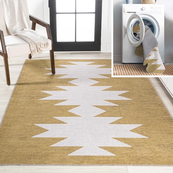 Chayton Minimalist Geometric Machine-Washable Yellow/Cream 3 ft. x 5 ft. Area Rug