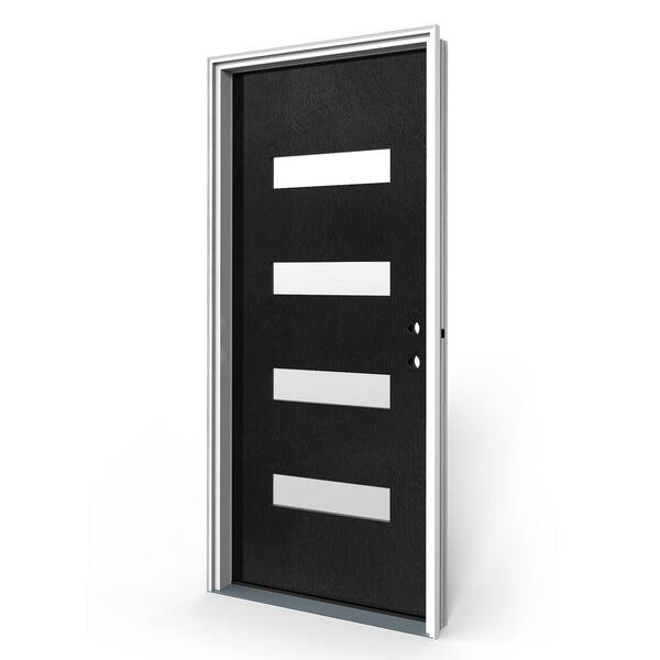 36 in. x 80 in. Left-Hand 4-Lite Flush Frosted Glass Black Fiberglass Front Door Slab with Frame, Hinges, Threshold