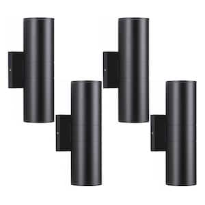 Black Outdoor Hardwired Cylinder Wall Light Lantern Scone with Integrated LED Up Down Lights (4-Pack)