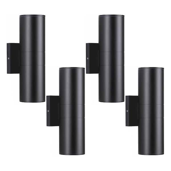 HKMGT Black Outdoor Hardwired Cylinder Wall Light Lantern Scone with Integrated LED Up Down Lights (4-Pack)
