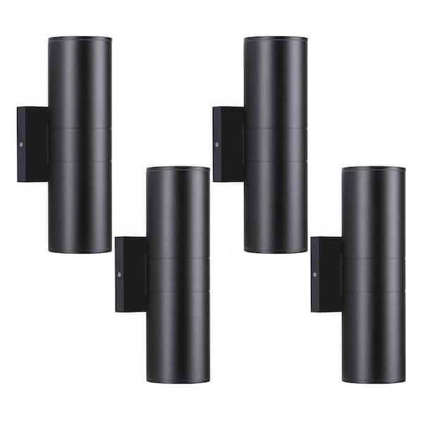Black Outdoor Hardwired Cylinder Wall Light Lantern Sconce with Integrated LED Up Down Lights (4-Pack)