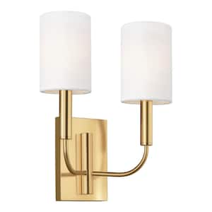 Brianna 11.375 in. W 2-Light Burnished Brass Wall Sconce with White Shades