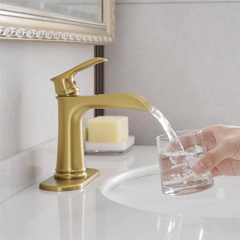 Brushed Gold Brass Waterfall Bathroom Faucet with Pop-Up Drain