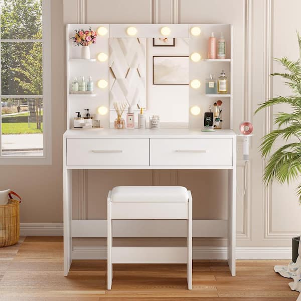 Makeup Vanity Sets with Mirror and Power Outlet, Dressing Table Sets with 2-Drawers, 4-Storage Shelves and Bench, White