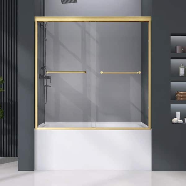 Zeafive 56 to 60 in. W x 58 in. H Double Sliding Tub Door in Gold Framed Shower Door for Bathtub with 5/16 Clear Glass