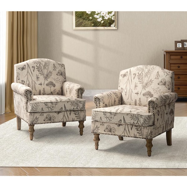 JAYDEN CREATION Romain Farmhouse Grey Polyester Spindle Hardwood Armchair with Solid Wood Legs and Rolled Arms Set of 2