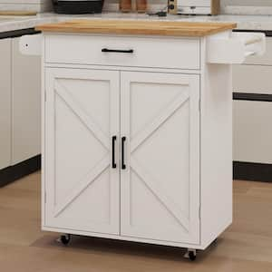 White MDF Kitchen Cart with 2 Door Cabinet, Adjustable Shelves, Seasoning Space and Towel Rack