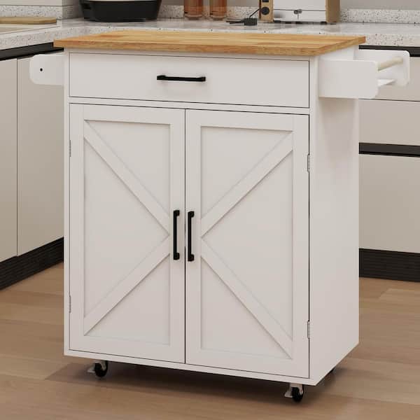 Staykiwi White MDF Kitchen Cart with 2 Door Cabinet, Adjustable Shelves, Seasoning Space and Towel Rack