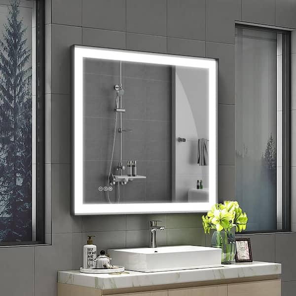 Elevatehome 36 in.W x 36 in.H Square Black Aluminum Framed Anti Fog LED Lighted Modern Wall Bathroom Vanity Mirror in Tempered