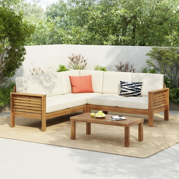 Adrian 4-Piece Solid Wood L-Shaped Outdoor Patio Conversation Sectional Seating Set with Cream Cushions, Teak