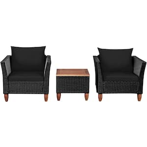 3-Piece Wicker Patio Conversation Set with Black Cushions