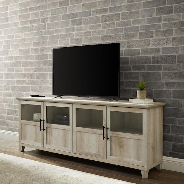 Walker Edison Furniture Company 70 in. Farmhouse White Oak Wood TV Stand with Half Glass Doors (Max TV Size 80 in.)