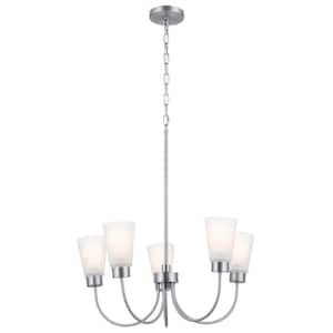 Erma 24 in. 5-Light Brushed Nickel Traditional Shaded Circle Dining Room Chandelier with Satin Etched Glass Shades