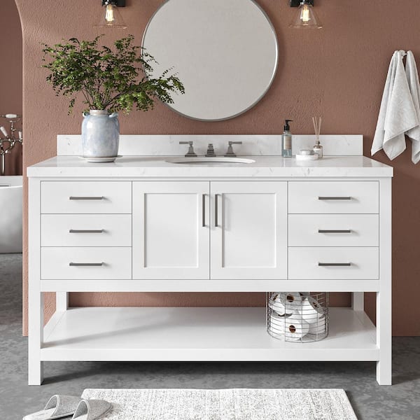 ARIEL Magnolia 60.25 in. W x 22 in. D x 36 in. H Single Sink Freestanding Bath Vanity in White with Carrara Quartz Top