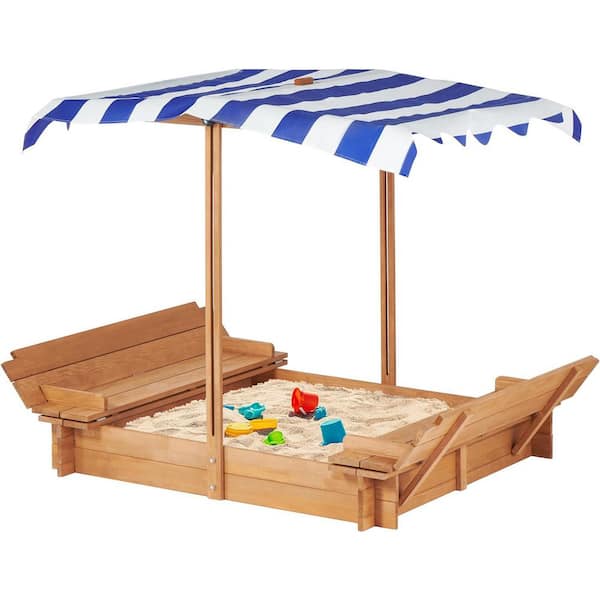 3.87 ft. W x 3.87 ft. L Wood Kids Sandbox with Cover and 2 Foldable Bench Seats for Backyard