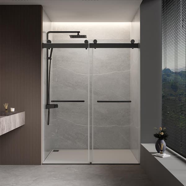 JimsMaison 60 in. W x 76 in. H Double Sliding Frameless Shower Door in Matte Black Finish with Tempered Glass