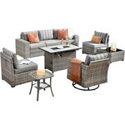 Crater Grey 9-Piece Wicker Wide Arm Patio Conversation Sofa Set with a Rectangle Fire Pit and Striped Grey Cushions