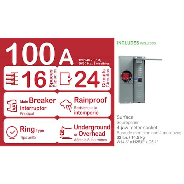 Homeline 100 Amp 16-Space 24-Circuit Outdoor Ring-Type Overhead/Underground Surface Mount Main Breaker CSED