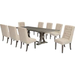 Israel 9-Piece Rectangular Wood Top Rustic Gray Dining Table Set w/Beige Linen Fabric Chairs.