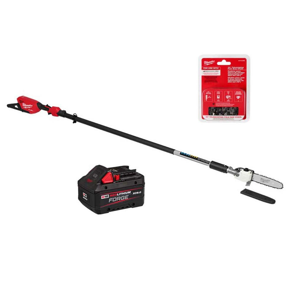 Milwaukee M18 FUEL 10 in. 18V Lithium-Ion Brushless Electric Cordless Telescoping Pole Saw FORGE XC 8.0 Ah Battery, Extra Chain