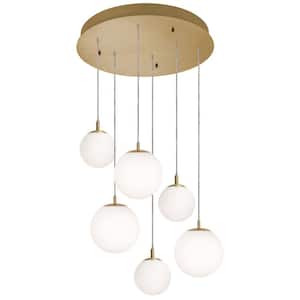 Loretto 6-Light Satin Brass, White Shaded Pendant Light with White Glass Shade