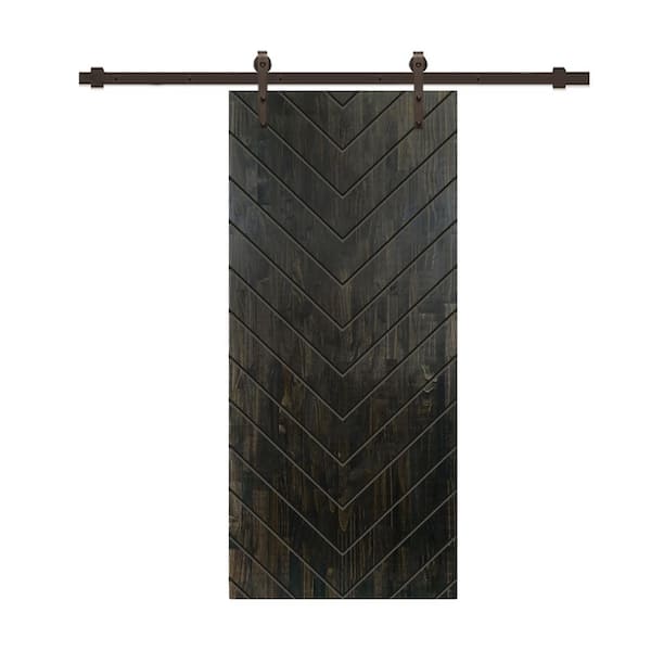 CALHOME Herringbone 42 in. x 84 in. Fully Assembled Charcoal Black-Stained Wood Modern Sliding Barn Door with Hardware Kit