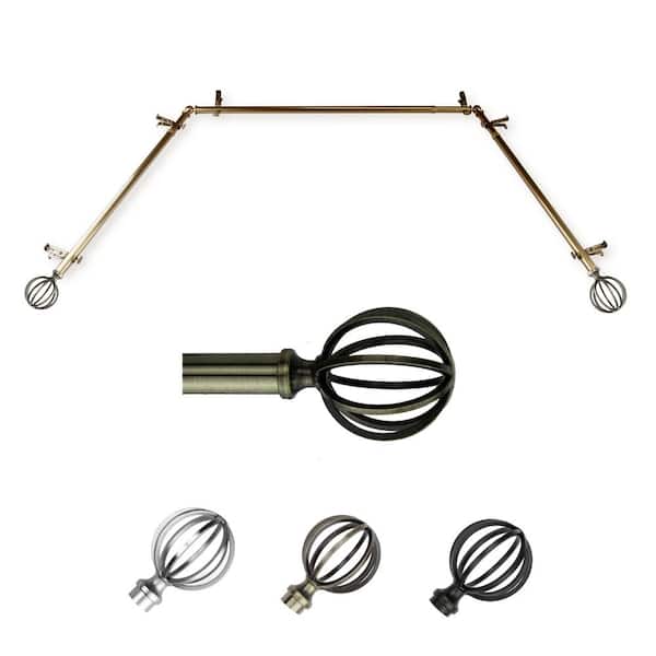 EMOH 13/16" Dia Adjustable 20"-36", 38"-72" Bay Window Curtain Rod with Leoni Finials in Antique Brass