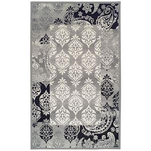 5 ft. x 8 ft. Black and Gray Damask Power Loom Distressed Stain Resistant Area Rug
