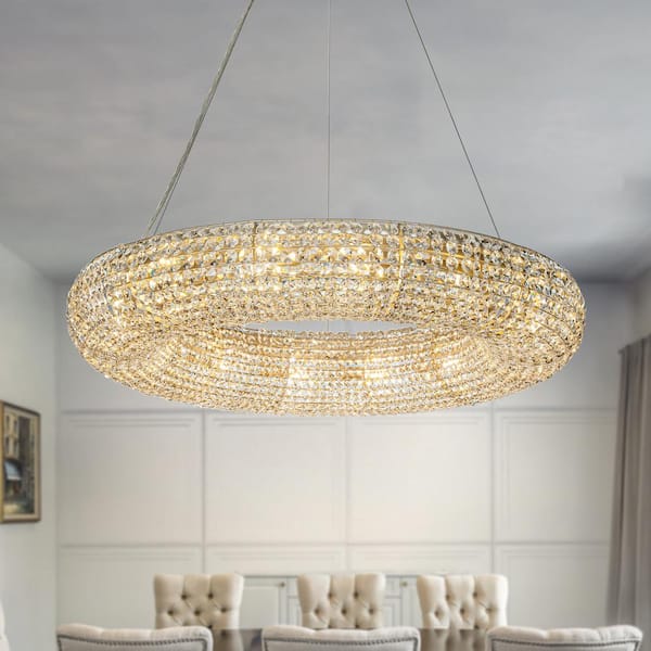 ALOA DECOR 31 in. 14-Light Halo Round Soft Gold Wagon Wheel Chandelier with Crystal Beads Accents Not Buld Included