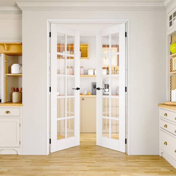 48 in. x 80 in. 10-Lite Clear Glass Universal White Solid Core Glass Double Prehung French Door plus Quick Assemble Jamb