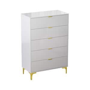 White Mirror Finished 5 Drawers 31.4 in. W Nightstand, End Table, Chest of Drawers for Storage  Golden Legs and Handle