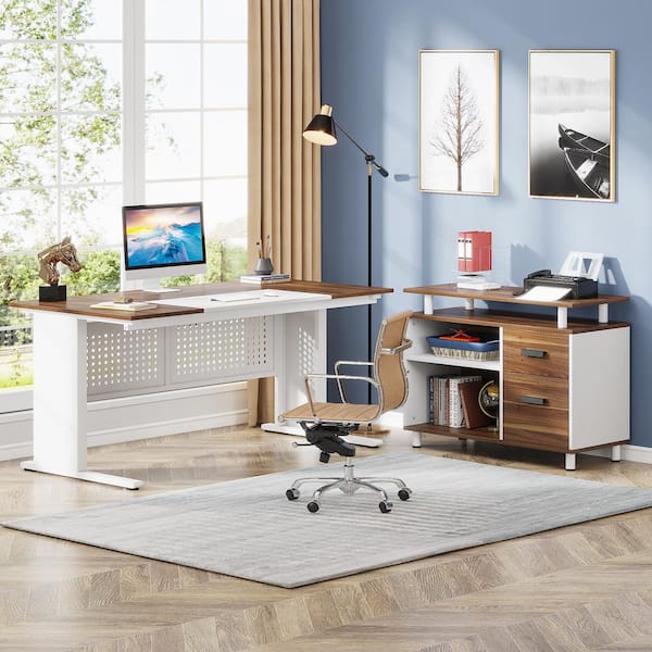Halseey 63 in. L Shaped Brown and White Wood 2-Drawer Office Executive Desk Large Computer Desk with File Cabinet