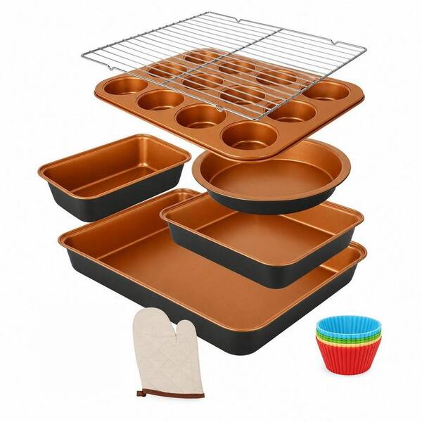 6-Piece Black and Orange Carbon Steel Baking Pans Set, Non Stick Bakeware Set Stackable with Cookie Sheet, Easy Clean