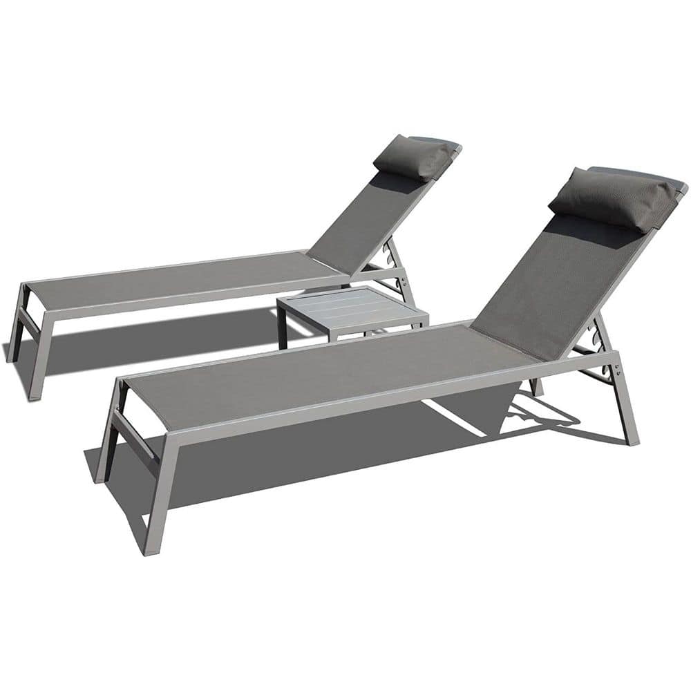 Adjustable Backrest Outdoor Aluminum Chaise Lounge with Table and Headrest, Set of 3 in Gray price history on PriceWatchPro
