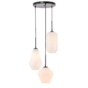 Timeless Home 17.3 in. 3-Light Black and Frosted White Glass Pendant Light, Bulbs Not Included