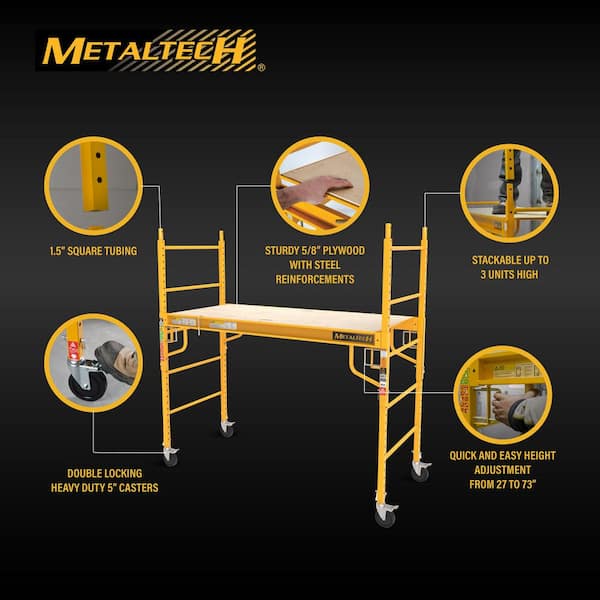MetalTech - Jobsite 6 ft. Baker Style Rolling Scaffold Platform, 1100 lbs. Load Capacity, Steel, 6 ft. W x 6.25 ft. H x 2.5 ft. D
