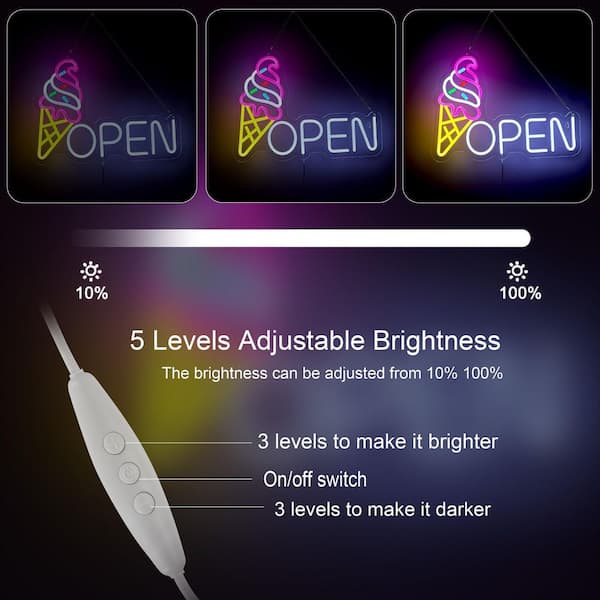 Ice Cream Neon Sign – Acrylic LED Open Sign With Adjustable Brightness, 5V USB Powered, 28.9cm X 58.2cm, For Shops, Kitchens, Parties (Incl. Hanging Chain)