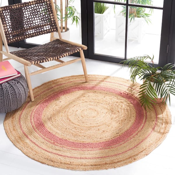 Natural Fiber Pink/Beige 6 ft. x 6 ft. Woven Border Round Area Rug