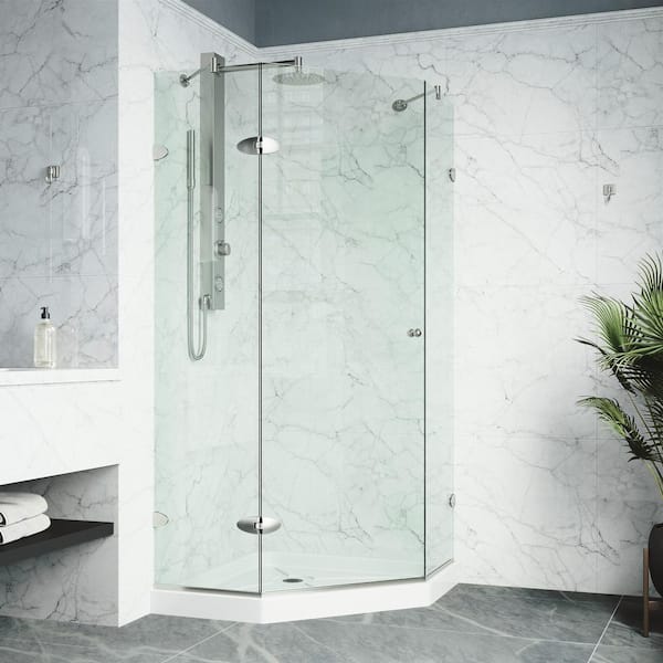 VIGO Verona 42 in. L x 42 in. W x 77 in. H Frameless Pivot Neo-angle Shower Enclosure Kit in Brushed Nickel with Clear Glass
