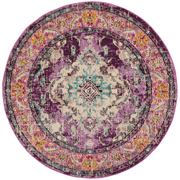 Monaco Violet/Light Blue 3 ft. x 3 ft. Distressed Border Medallion Round Area Rug