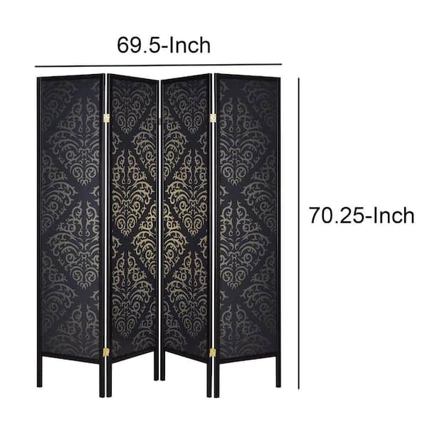 Captivating Black 4-Panel Folding Screen Room Divider with Damask Print