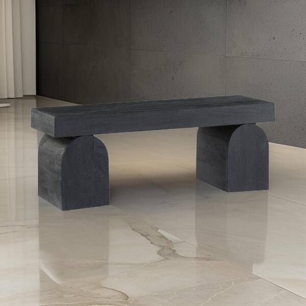 Benjara Accent Oversized Sandblasted Black Solid Wood 50 in. Dining Table Bench Seats 2