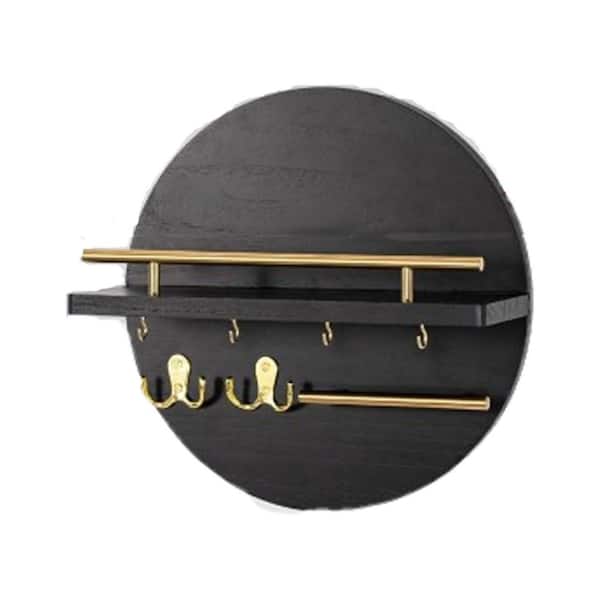 Unbranded 12.4 in. W x 4.9 in. D Black and Gold Key Holder with Hooks Decorative Wall Shelf