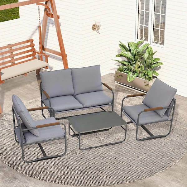 ITOPFOX Outdoor Patio Furniture Sets 4 -Piece Aluminum PatioConversation Set with Gray Removable Cushions and Coffee Table