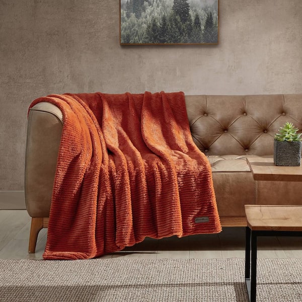 Eddie Bauer Ribbed Super Soft Textured- Solid Plush Throw Blanket - Orange